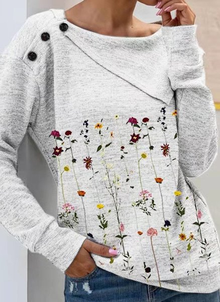 

Loosen Asymmetrical Neck Floral Tops, White, Tops
