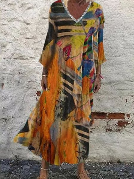 

Vintage Allentare Scollo a V Abito, Rosso-arancio, Maxi Dresses