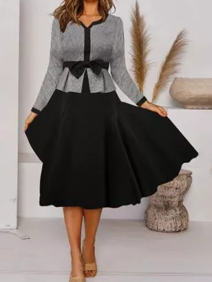 

Scollo a V Casuale Cotone Abito, Nero - grigio, Midi Dresses