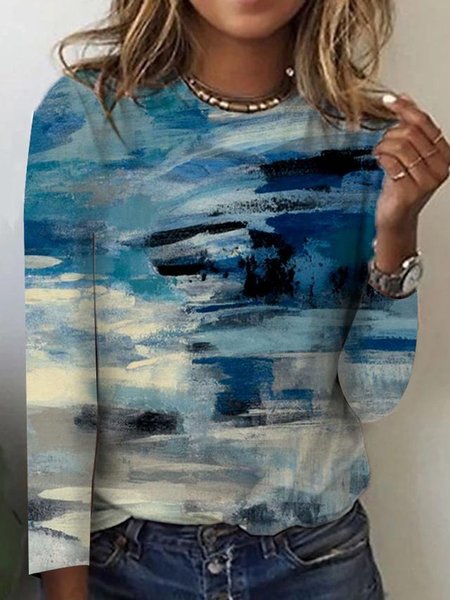 

Arte Stampato Casuale Maniche Lunghe Allentare Top, Blu, Blouses & Shirts