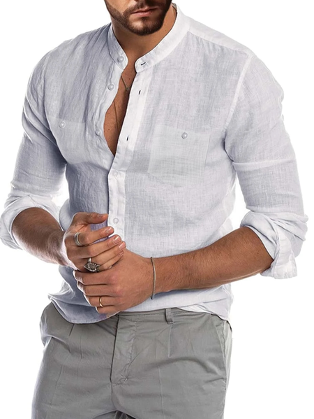 

Stand Collar Long Sleeve Casual Shirts, White, Blouses&Shirts