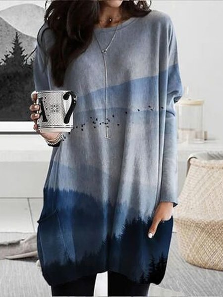 

Blue Casual Landscape Print Loosen Shirts & Tops, Tops