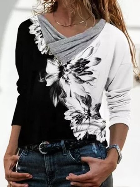 

Floreale Multicolore Stampato Collo ad anello Casuale hippie Maniche Lunghe Allentare Top, Nero-bianco, Blouses & Shirts