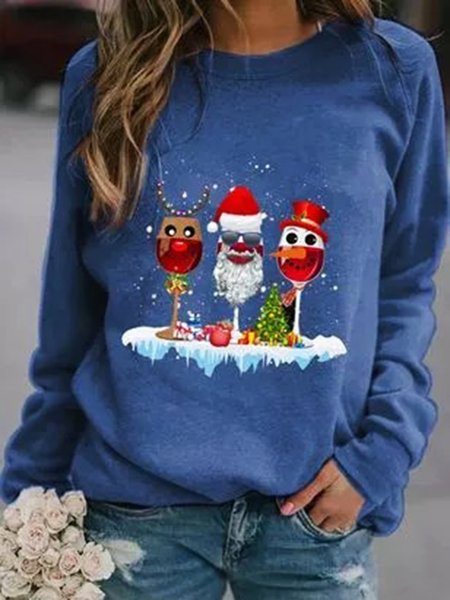 

Christmas Printed Round Neck Casual Sweatshirt, Blue, Hoodies & Sweatshirts