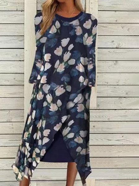 

Crew Neck Floral Dresses, Blue, Midi Dresses