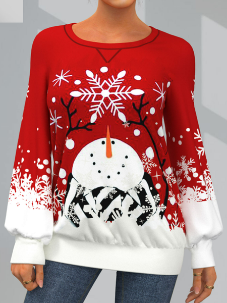 

Long sleeve round neck red snowflake top t-shirt female, Hoodies & Sweatshirts