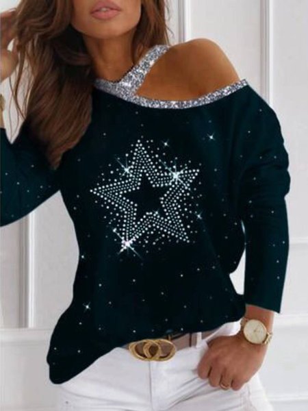 

Crew Neck Casual Star Shirts & Tops, Black, Tops