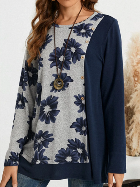 

Long round neck Vintage Print stitching button decorative top T-shirt women, Deep blue, Long sleeve tops