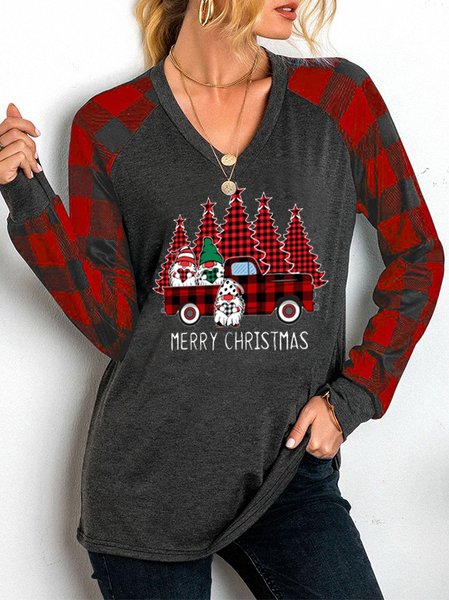 

Christmas print V-neck plaid stitching long-sleeved T-shirt, Red, Long sleeves
