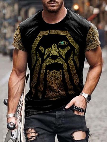 

Crew Neck Vintage Geometric Shirts & Tops, Black, Men's t-shirts