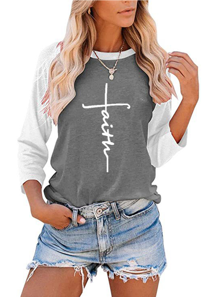 

Cotton Blends Loosen Casual Shirts & Tops, Gray, T-Shirts