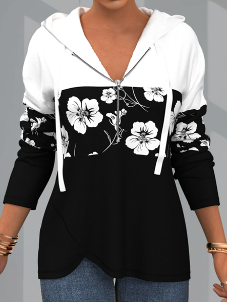 

Long sleeve V-neck hooded zipper geometric stitching floral top T-shirt women, Black-white, Long sleeve tops