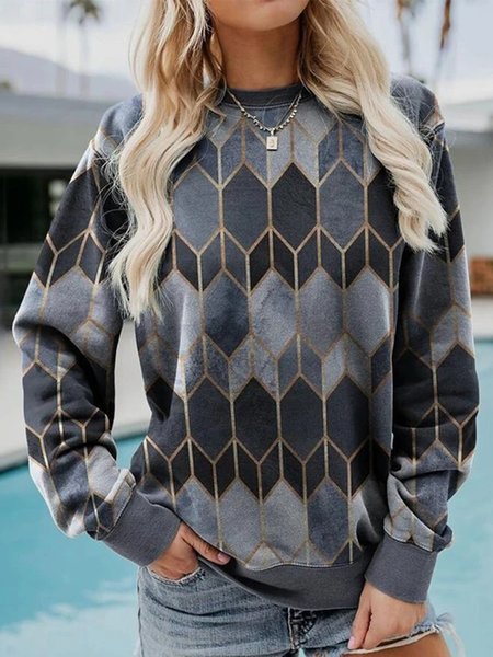 

Geometric Printed Round Neck Casual Loosen Sweatshirt, Gray, Hoodies & Sweatshirts