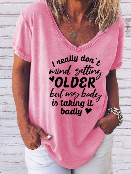 

Funny text printed V-neck short-sleeved T-shirt, Pink, T-shirts