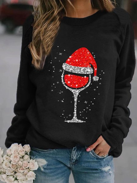 

Wine Glass Pattern Long Sleeves Crew Neck Plus Size Casual Sweatshirts, Black, Hoodies & Sweatshirts