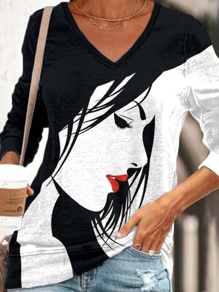 

Regular Fit V Neck Figure Shirts & Tops, Black, T-Shirts