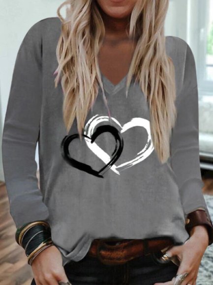 

Vintage Love Printed Long Sleeve V Neck Plus Size Casual Tops, Gray, T-Shirts