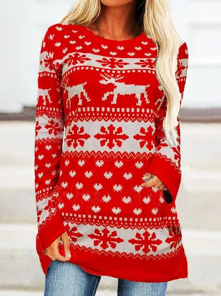 

Animal Round Neck Long Sleeve T-shirts, Red, Tunics