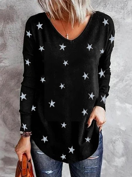 

Stars Pattern Long Sleeves V Neck Plus Size Casual Tops, Black, T-Shirts