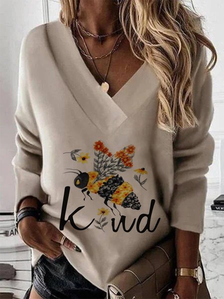 

Bee Kind Floral Pattern Long Sleeves V Neck Plus Size Casual Sweatshirts, Khaki, Hoodies & Sweatshirts