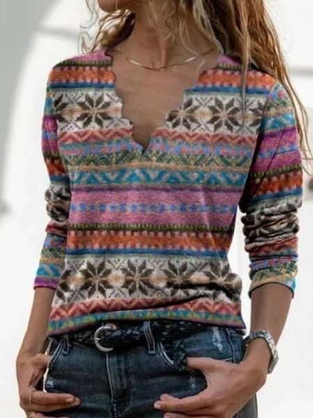 

V Neck Geometric Regular Fit Shirts & Tops, Multicolor, T-Shirts