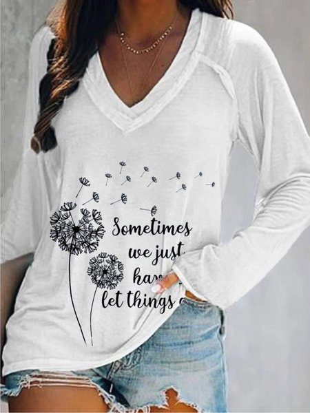 

Casual Long Sleeve V Neck Plus Size Printed Tops T-shirts, White, T-Shirts