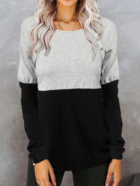 

Color Block Casual Basics Simple Round Neck Shirts & Tops, Black-grey, Tops