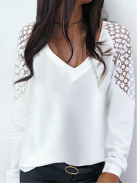 

Vintage Lace Long Sleeve V Neck Plus Size Casual Tops, White, Tops