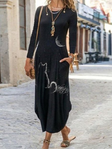 

Regular Fit Casual Crew Neck Dresses, Black, Maxi Dresses