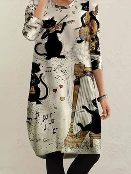 

Crew Neck Loosen Casual Dresses, Light khaki, Mini Dresses