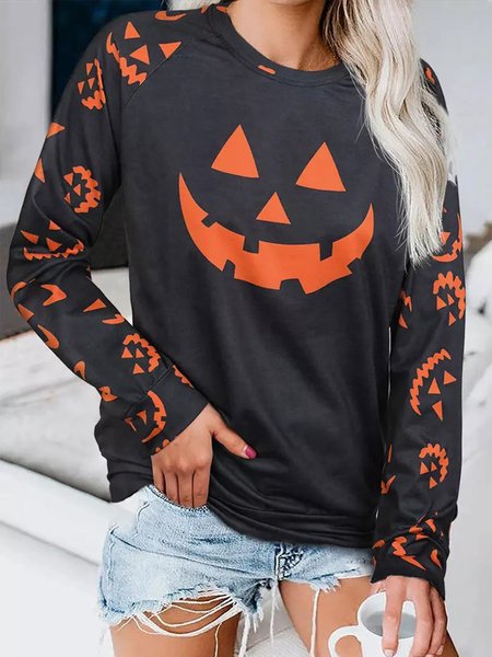 

Color-block Halloween Printed Long Sleeve Crew Neck Plus Size Casual Sweatshirts, Black, Hoodies & Sweatshirts