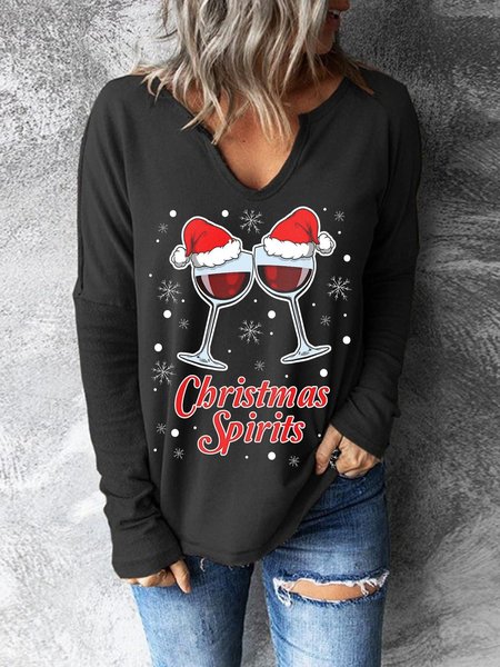 

Christmas Printed V Neck Casual Loosen Shirts & Tops, Black, Tops