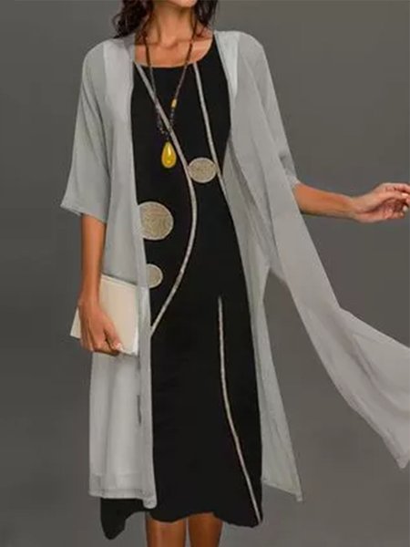 

Loosen Elegant Crew Neck Dresses, Black-grey, Midi Dresses