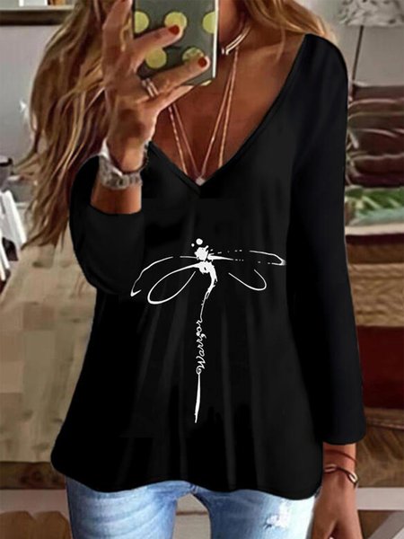 

Vintage Dragonfly Printed Long Sleeve V Neck Plus Size Casual Tops, Black, T-Shirts