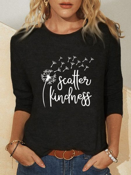 

Dandelion Letter Crew Neck Long Sleeve Casual Shirts & Tops, Black, T-Shirts
