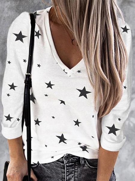 

Star Printed Casual V Neck Long Sleeve Shirts & Tops, White, T-Shirts