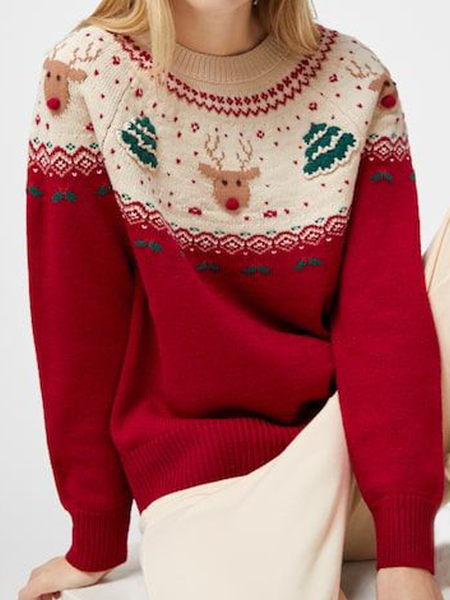 

Christmas elk Casual Household Daily Geometric Wool/Knitting Vintage Sweater, Red, Sweaters & Cardigans