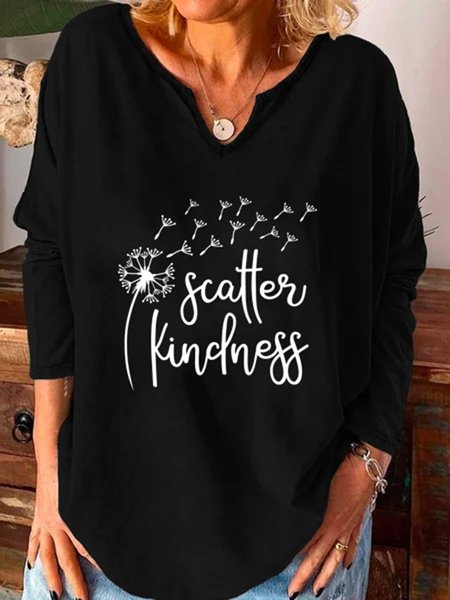 

Letter Dandelion Long Sleeve Casual Shirts & Tops, Black, T-Shirts