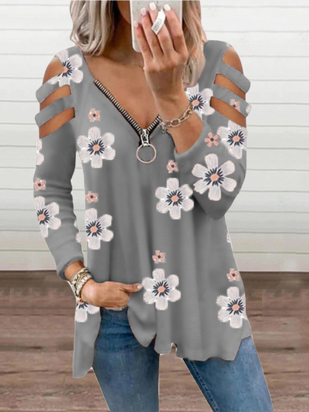 

V Neck Casual Tops, Gray, Tops