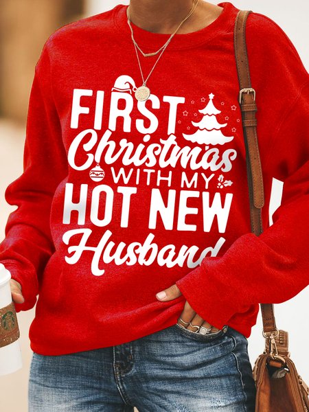 

First Christmas With My Hot New Husband Crew Neck Letter Sweatshirts, Red, Hoodies&Sweatshirts