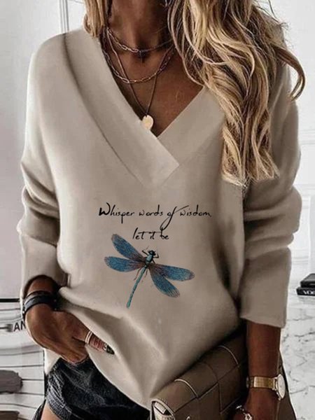 

Casual V Neck Dragonfly Printed Long Sleeve Shirts & Tops, Khaki, T-Shirts