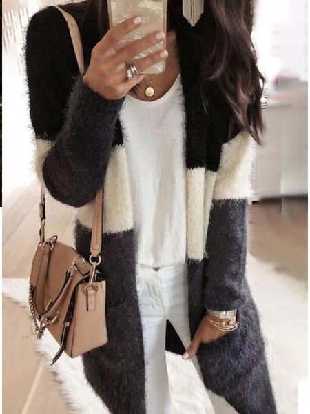 

Casual Color Block Long Sleeve Outerwear, As picture, Cardigans