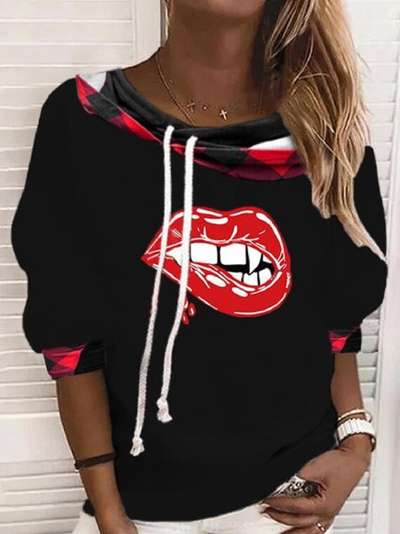 Casual Hooded Printed Long Sleeve Sweatshirt, Black, Hoodies & Sweatshirts