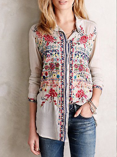 

Household Daily Vintage Casual Tribal Loosen Shirts & Tops, Apricot, Shirts & Blouses