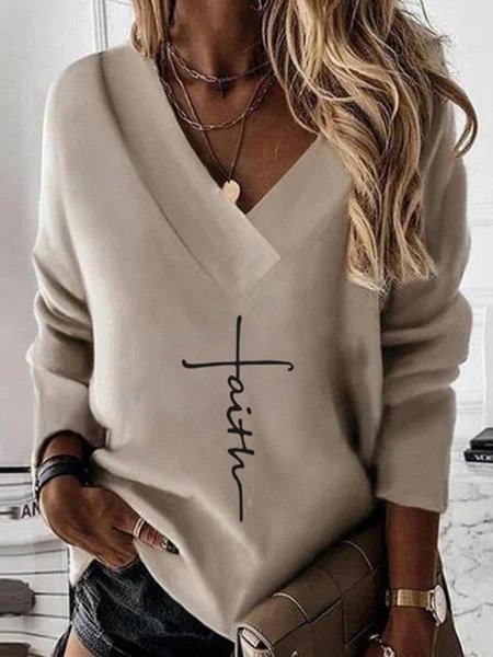 

Letter V Neck Long Sleeve Casual Shirts & Tops, Khaki, T-Shirts