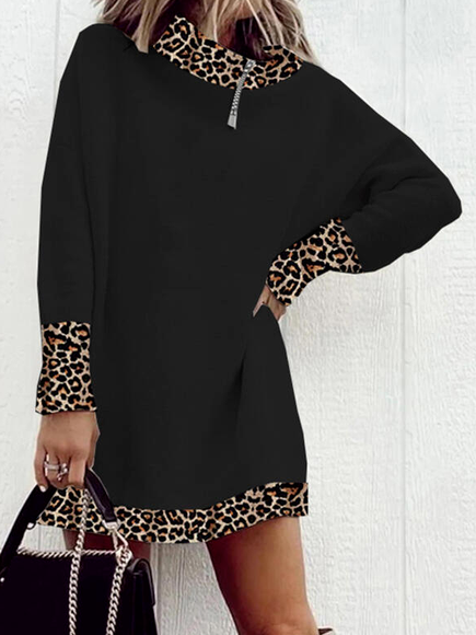 

Leopard Long Sleeves Shift Above Knee Casual Tunic Dresses, Black, Casual Dresses