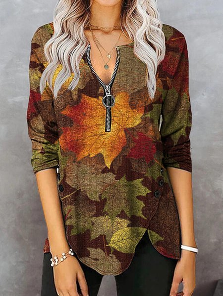 

Leaves Printed V Neck Casual Long Sleeve Shirts & Tops, Multicolor, T-Shirts
