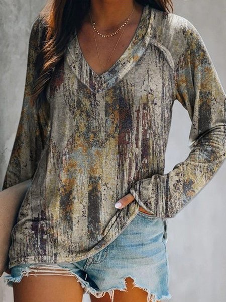 

Casual Printed V Neck Long Sleeve Shirts & Tops, Multicolor, T-Shirts