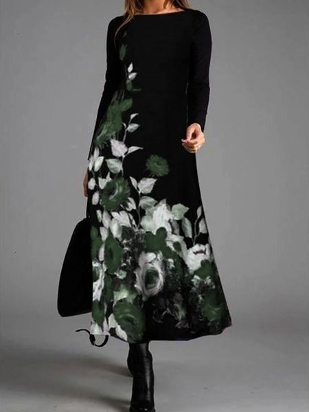 

Vintage Stampata Floreale Maniche Lunghe Abito, Verde, Maxi Dresses
