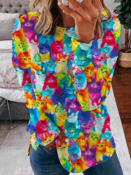 

Cat Graphic Casual Animal Crew Neck Sweatshirt, As picture, Hoodies&Sweatshirts